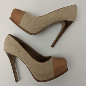 Steve Madden natural linen tan 5in heel pumps